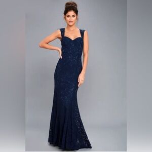 Lulus Rosetta Gown Lace Mermaid Sleeveless Sweetheart Neck Blue Maxi Dress Small